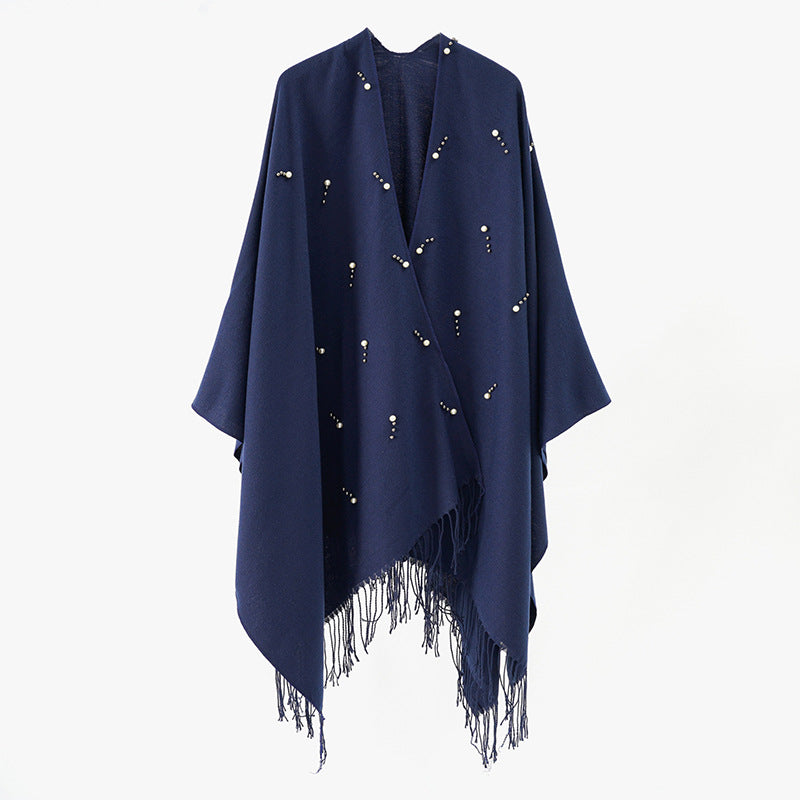 Damen Capeponcho mit Perlenbesatz und Fransensaum aus Wollmix Drune