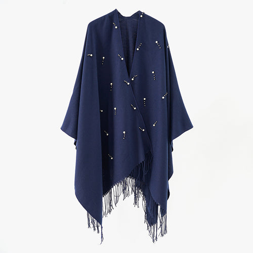 Damen Capeponcho mit Perlenbesatz und Fransensaum aus Wollmix Drune