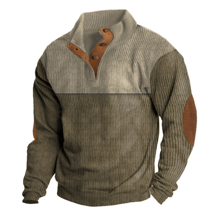 Herren nan gerippter Pullover mit Stehkragen, Knopfleiste und Ellbogen-Patches Drune