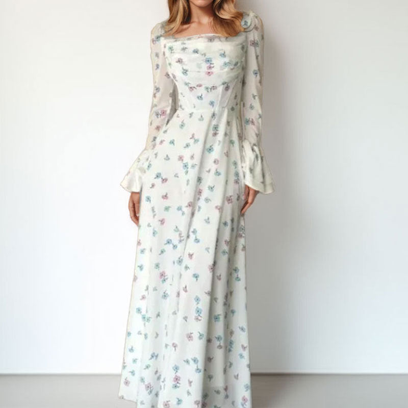 Damen Elegantes Maxikleid mit floralen Applikationen und voluminösen Ärmel Drune