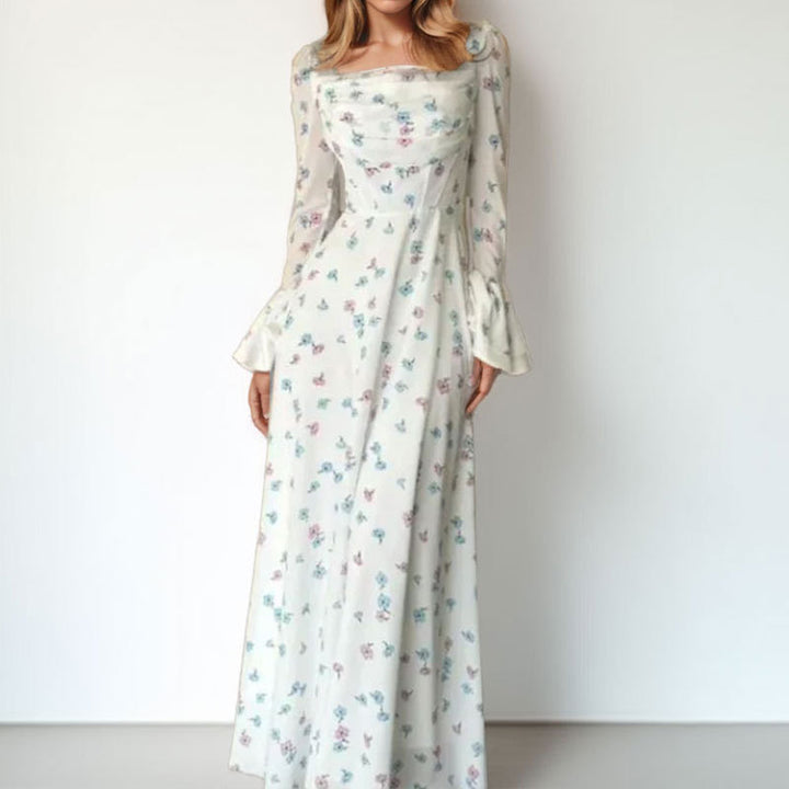 Damen Elegantes Maxikleid mit floralen Applikationen und voluminösen Ärmel Drune