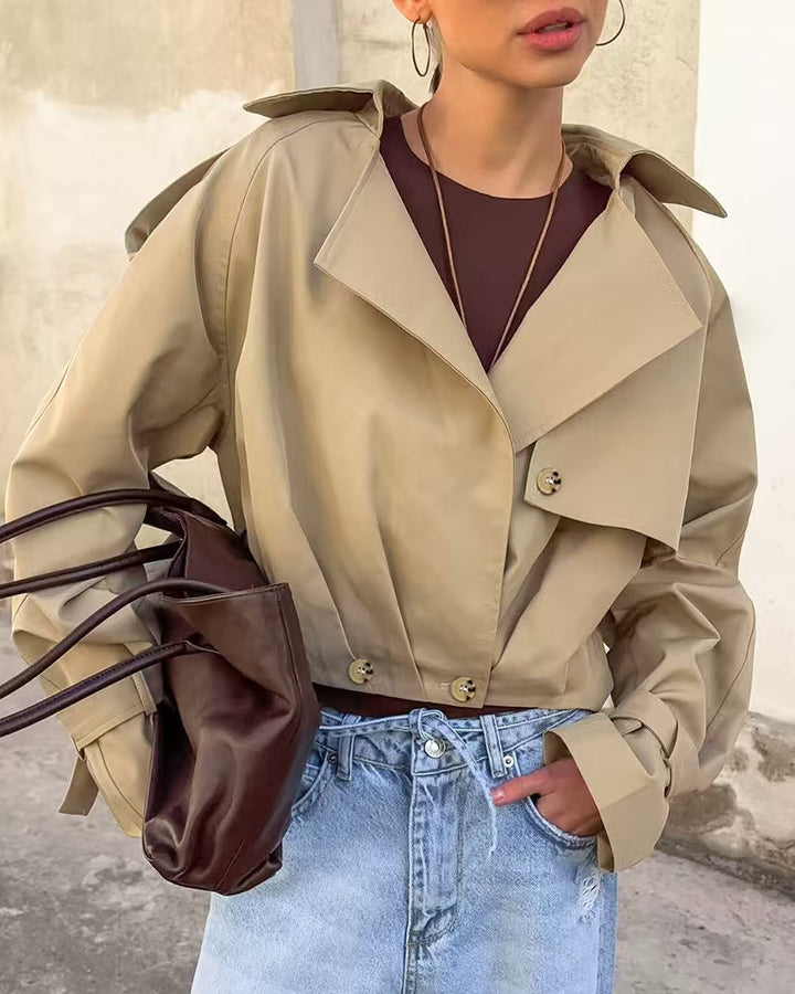 Damen Trendige Cropped Trenchjacke mit innovativen Ärmeln Drune