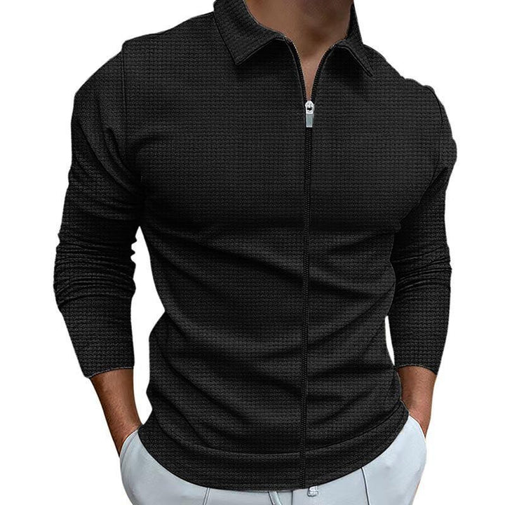 Herren nan texturiertes Slim-Fit Langarm-Poloshirt mit Frontreißverschluss und Hemdkragen Drune