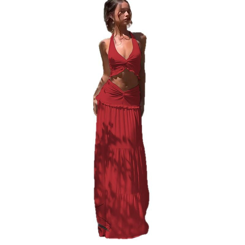 Damen Zweiteiliges Sommer-Outfit mit Knotted Top und fließendem Rock Drune