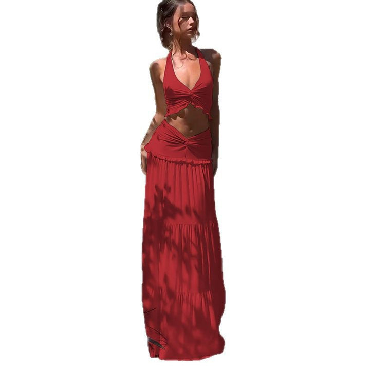 Damen Zweiteiliges Sommer-Outfit mit Knotted Top und fließendem Rock Drune