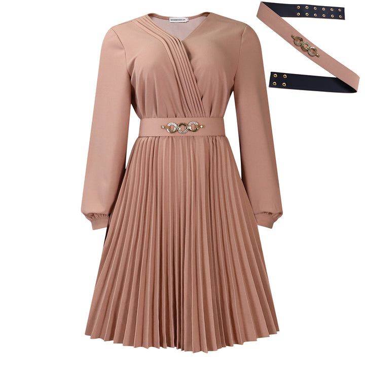 Damen Plissee Kleid mit festlichem Taillengürtel und elegantem V-Ausschnitt Drune