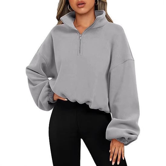 Damen nan kurz geschnittenes Halbzip-Sweatshirt mit hohem Stehkragen, Ballonärmeln und elastischem Saum Drune