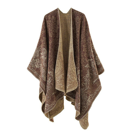 Damen Strickponcho im Ethno-Jacquard mit offenem Fall Drune