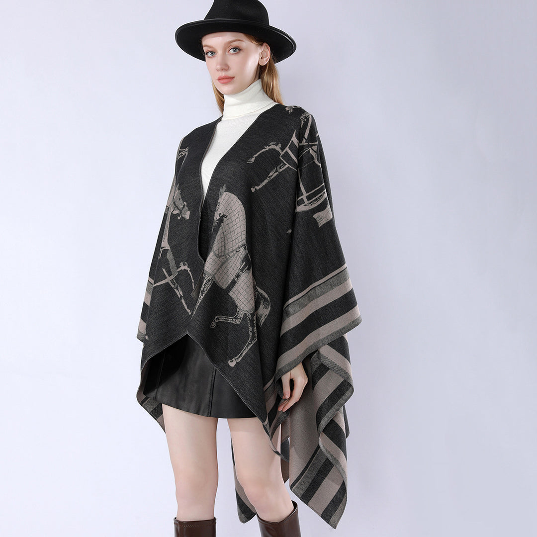 Damen Jacquard-Poncho-Überwurf mit Pferde-Motiv und kastiger Kimono-Silhouette Drune