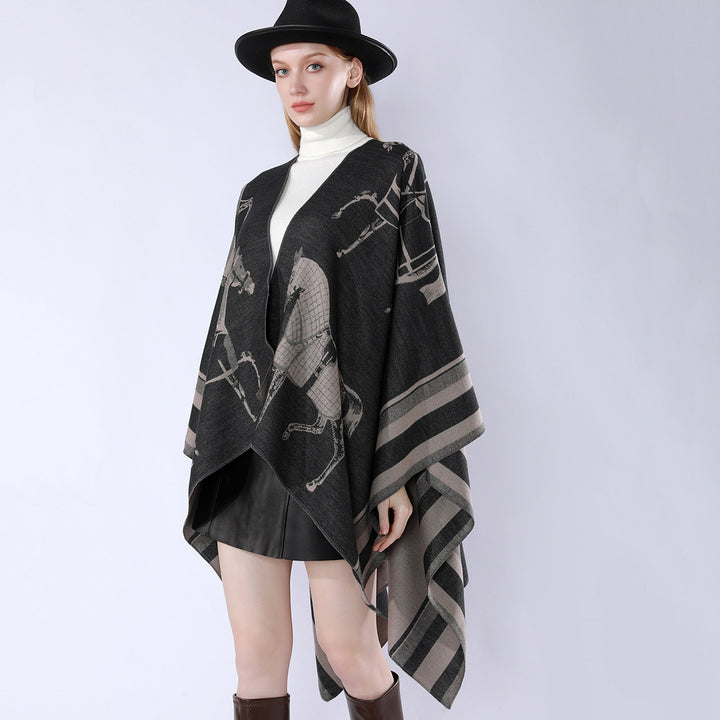 Damen Jacquard-Poncho-Überwurf mit Pferde-Motiv und kastiger Kimono-Silhouette Drune
