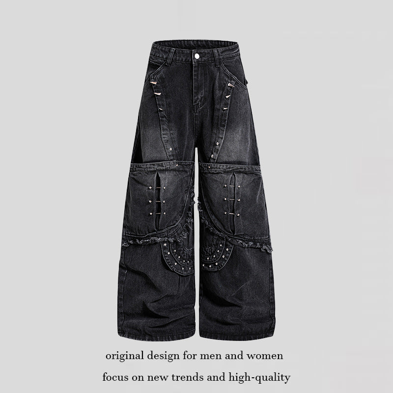 Damen Weite High‑Waist Denim‑Cargo‑Culotte mit Nieten und großen Pattentaschen Drune