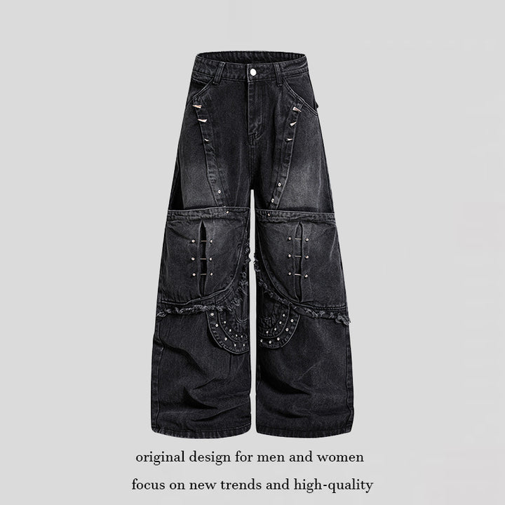 Damen Weite High‑Waist Denim‑Cargo‑Culotte mit Nieten und großen Pattentaschen Drune