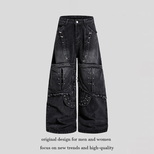 Damen Weite High‑Waist Denim‑Cargo‑Culotte mit Nieten und großen Pattentaschen Drune