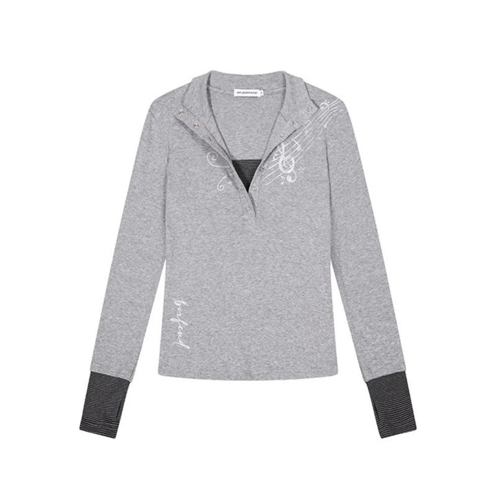 Damen Langarm-Poloshirt mit Stehkragen, Knopfleiste und Noten-Print Drune