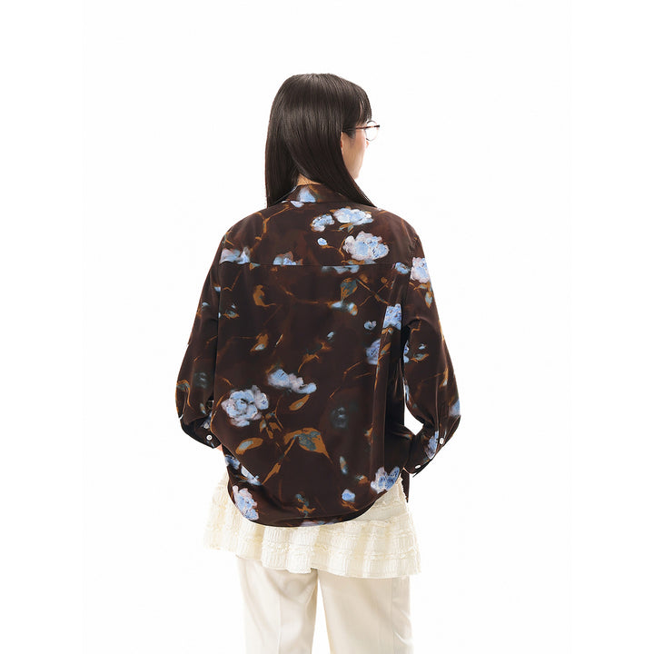 Damen Oversize-Hemdbluse mit abstraktem Blumenprint und aufgesetzter Brusttasche Drune