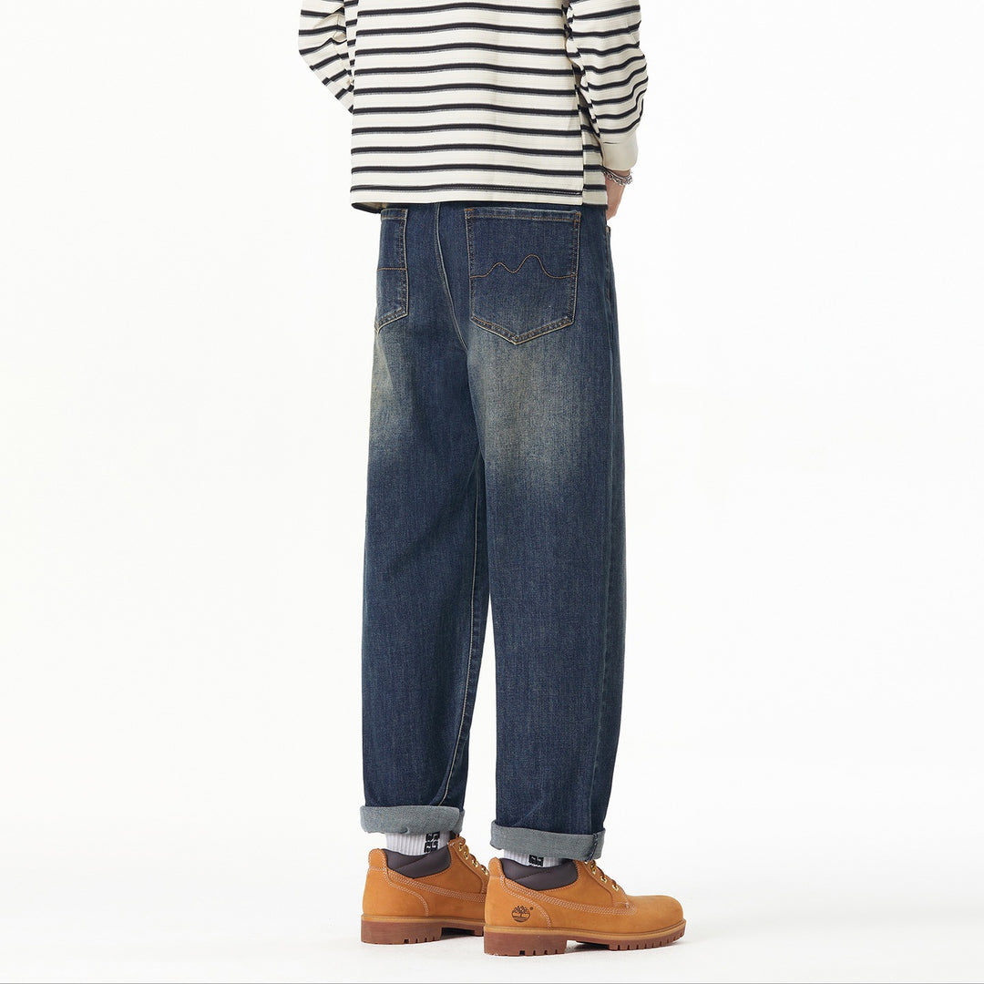 Herren Weite gerade geschnittene Denim-Jeans mit Used‑Wash und Umschlagbund Drune