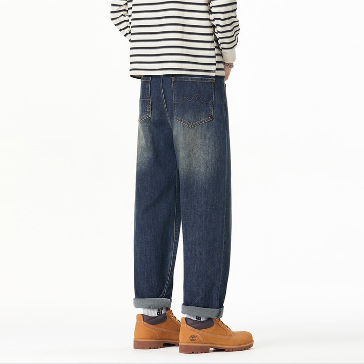 Herren Weite gerade geschnittene Denim-Jeans mit Used‑Wash und Umschlagbund Drune
