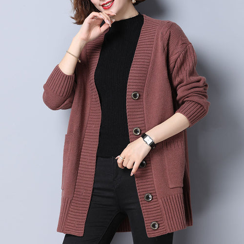 Damen gemütliche Strickjacke mit tiefem Rippenmuster und praktischen Taschen Drune