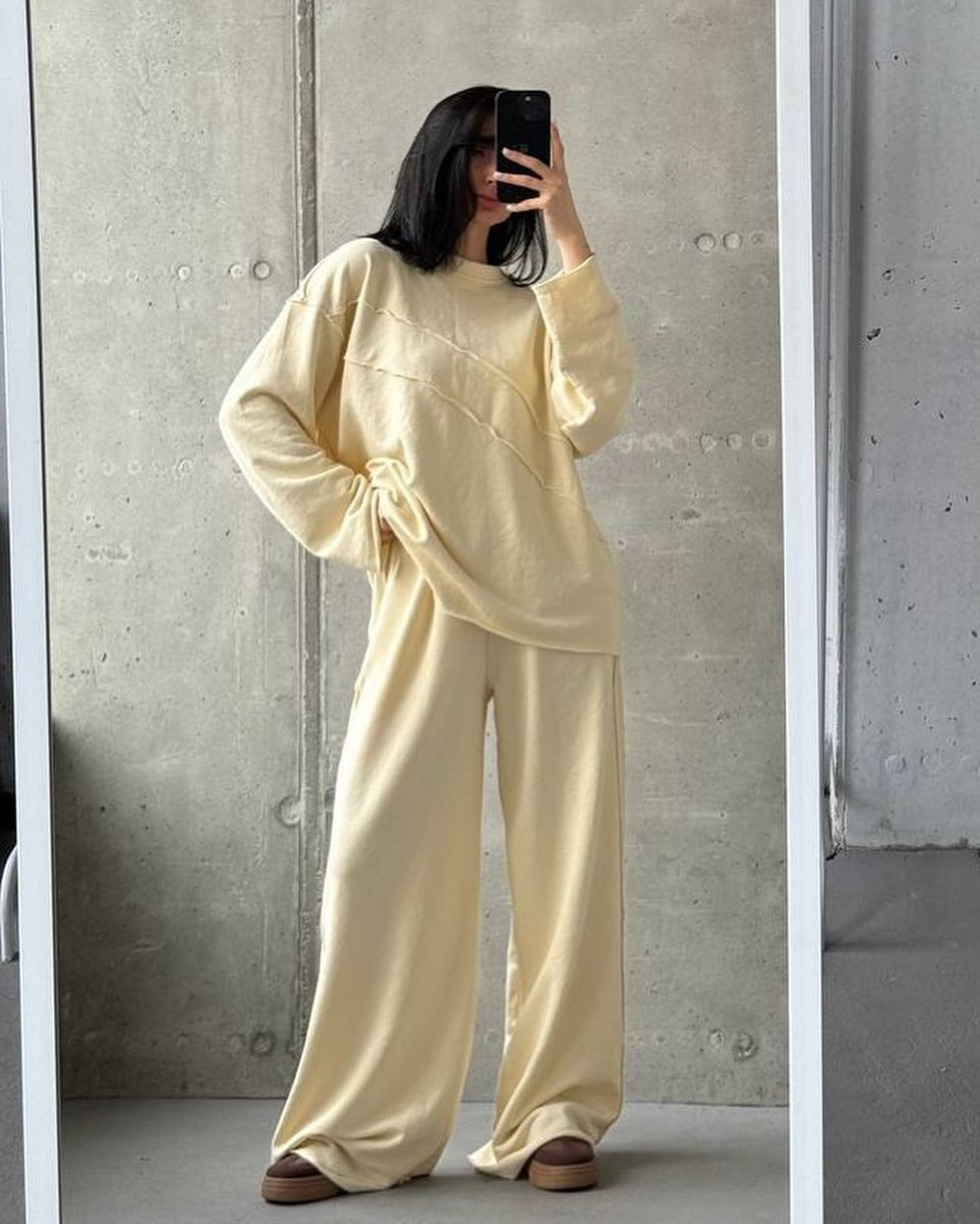Damen weiches Oversize Lounge-Set mit diagonalem Ziernähten und extra weiter Palazzo-Hose Drune