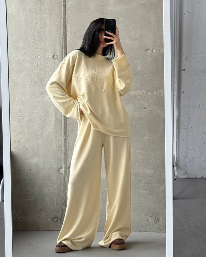 Damen weiches Oversize Lounge-Set mit diagonalem Ziernähten und extra weiter Palazzo-Hose Drune