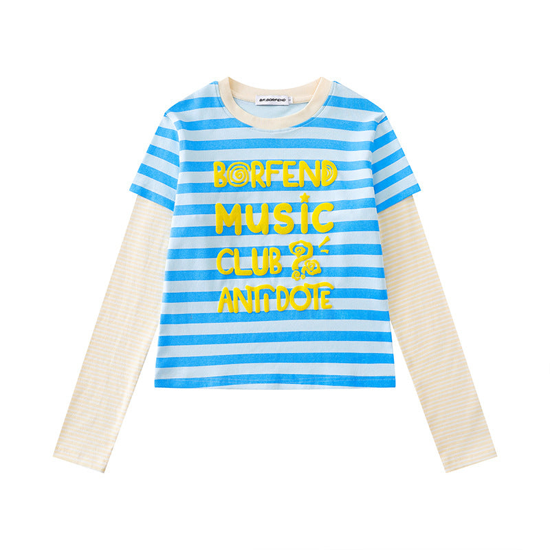 Damen Lagen-Langarmshirt im Layer-Look mit kontrastierenden Streifenärmeln und typografischem Print Drune