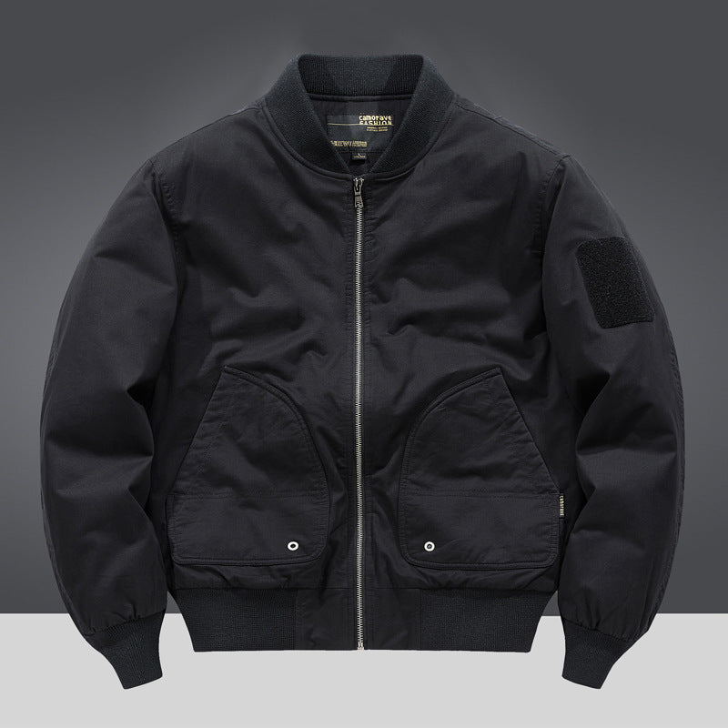 Men's  military-inspired heavyweight cotton bomber jacket with curved flap utility pockets and sleeve velcro patch Drune