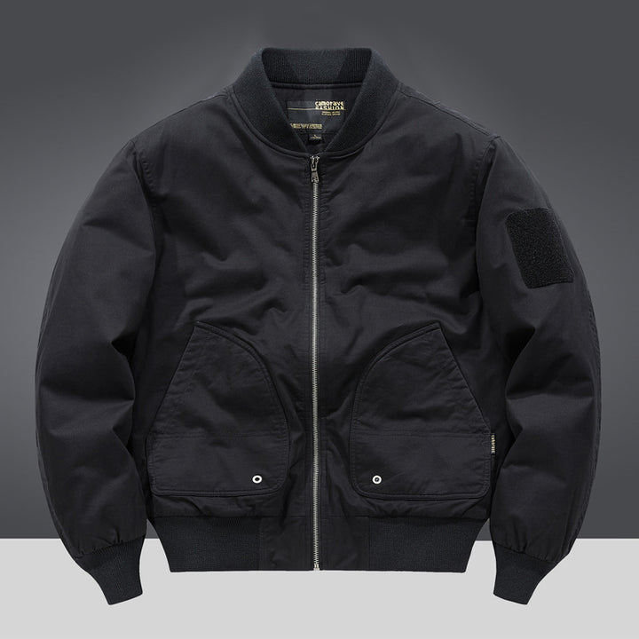 Men's  military-inspired heavyweight cotton bomber jacket with curved flap utility pockets and sleeve velcro patch Drune