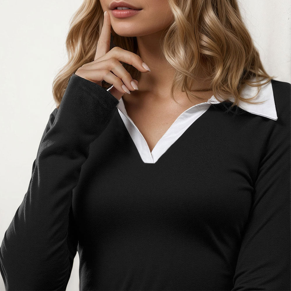 Damen elegantes Minikleid mit modischem Kragen und langem Arm Drune