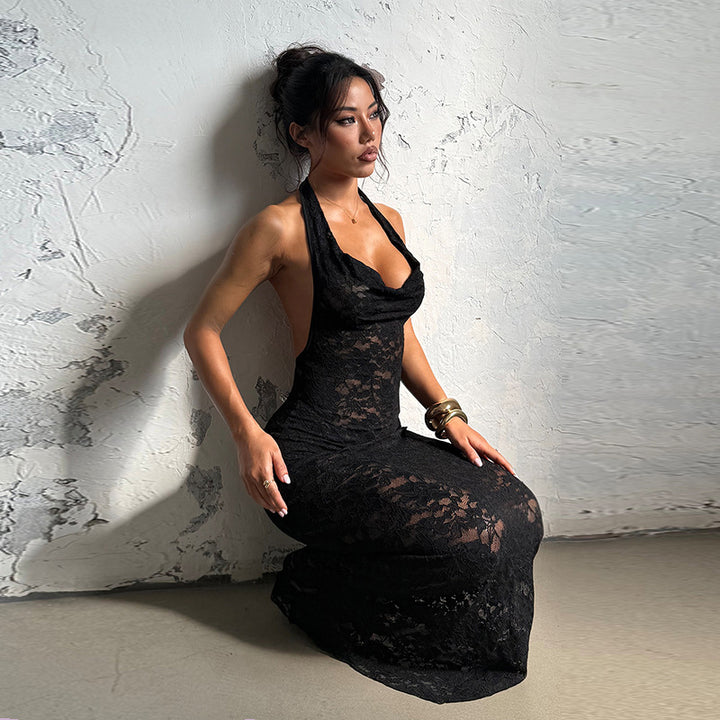 Damen Elegantes Spitzen-Maxikleid mit tiefem V-Ausschnitt und figurformendem Design Drune
