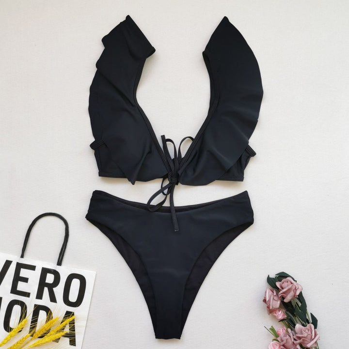 Damen Bikiniset mit Rüschen und Pflanzenmuster Drune
