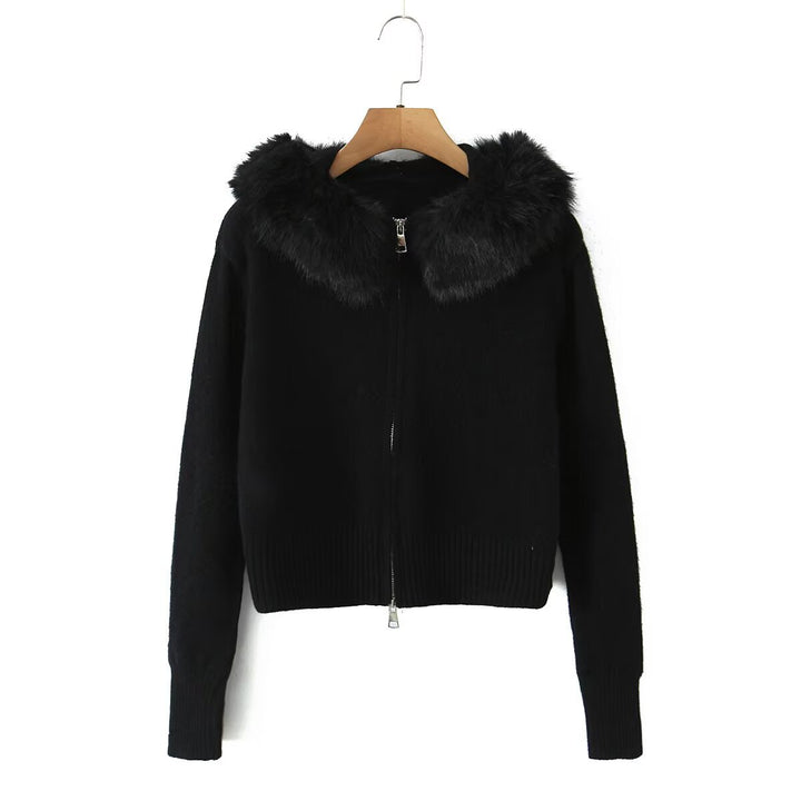 Damen Kurze Strickjacke mit Reißverschluss und abnehmbarem Kunstpelzkragen Drune