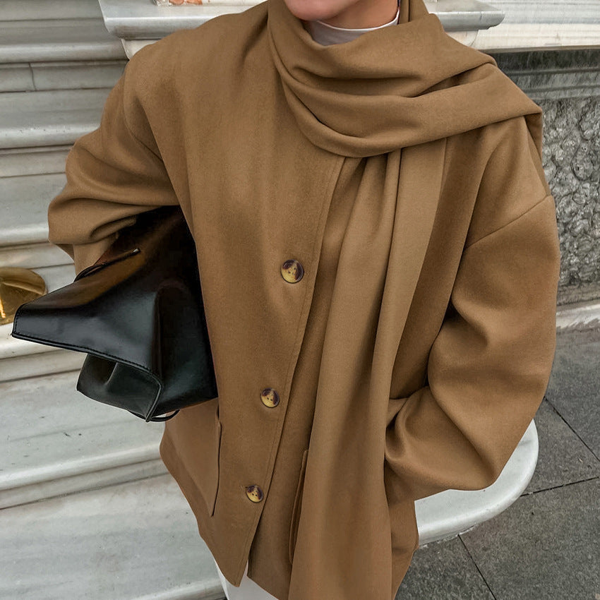 Damen modische Oversized-Jacke mit Schal und praktischen Taschen Drune