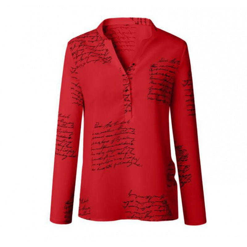 Damen Bluse mit kunstvollem Schriftmuster und modernem Stehkragen Drune