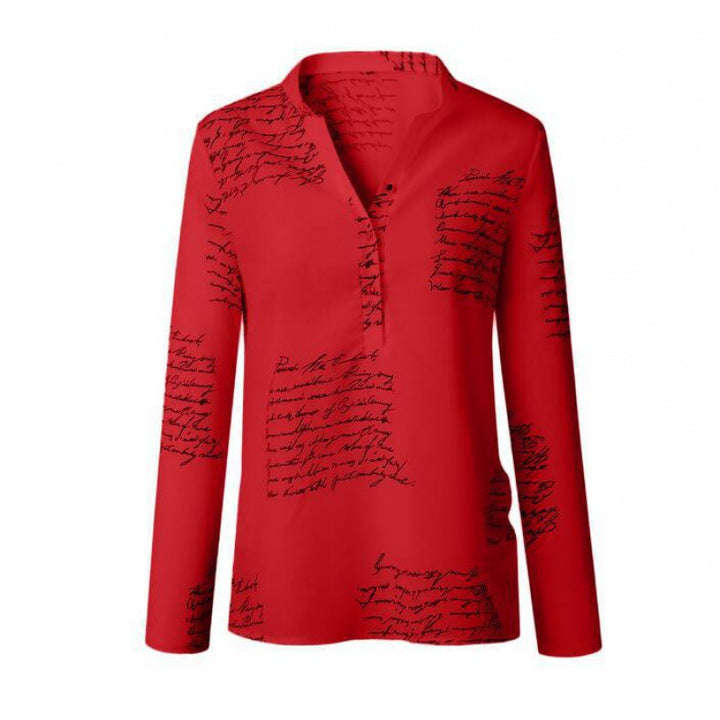 Damen Bluse mit kunstvollem Schriftmuster und modernem Stehkragen Drune