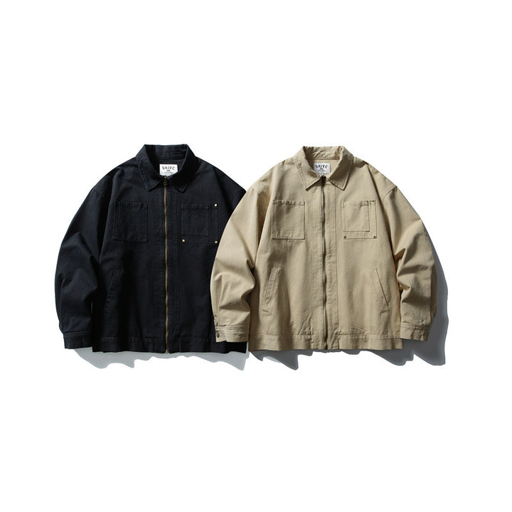 Unisex Kastig geschnittene Canvas-Workwear-Jacke mit durchgehendem Reißverschluss und aufgesetzten Brusttaschen Drune