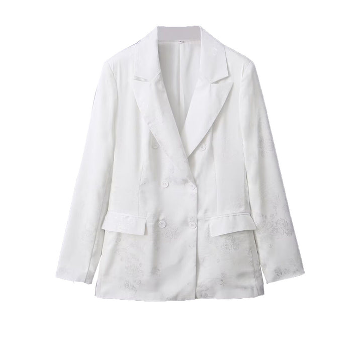 Damen Zweireihiger Satin-Blazer mit floralem Jacquardmuster und Pattentaschen Drune