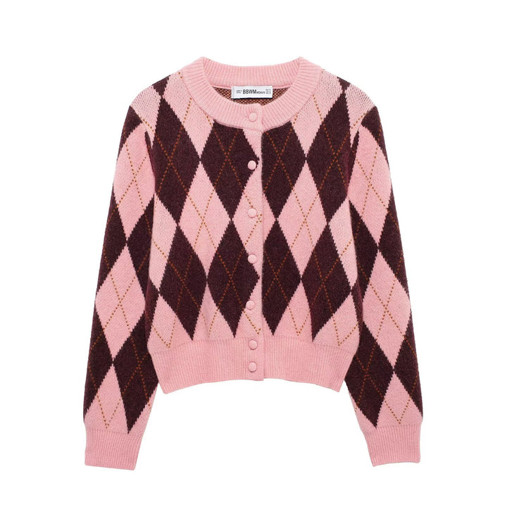 Damen Kurze Rauten‑Argyle‑Strickjacke mit Rundhals und stoffbezogenen Knöpfen Drune