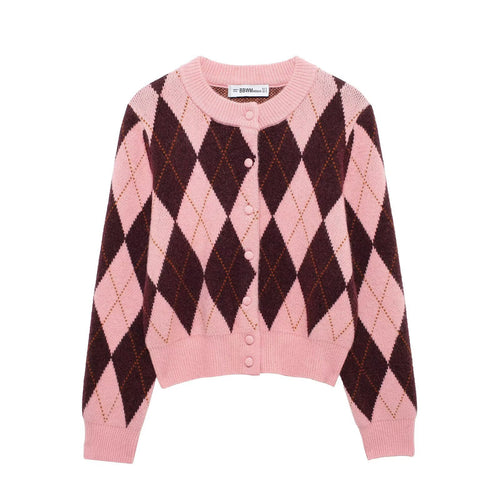 Damen Kurze Rauten‑Argyle‑Strickjacke mit Rundhals und stoffbezogenen Knöpfen Drune