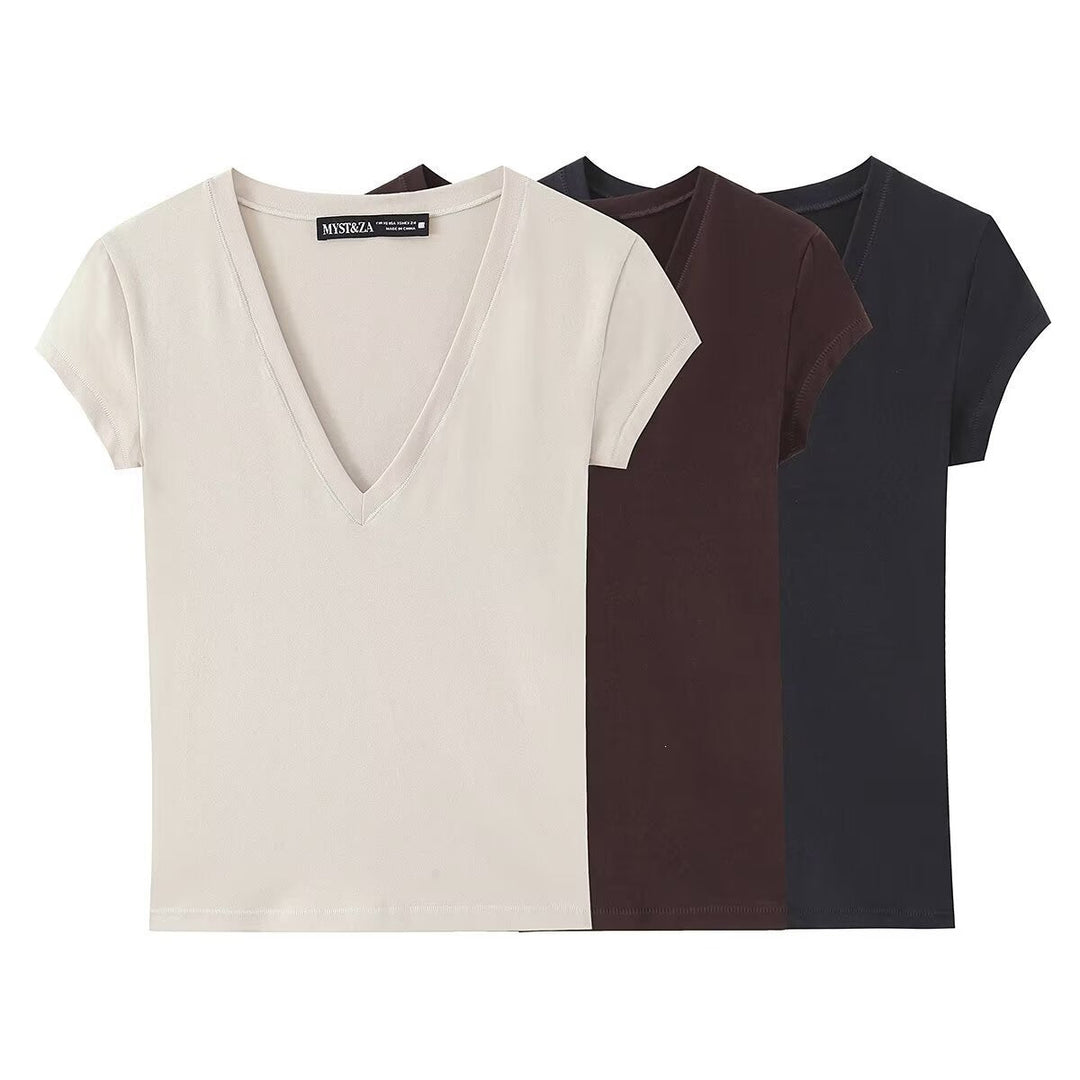 Damen T-Shirt mit modernem V-Ausschnitt und angenehmem Baumwollmix Drune