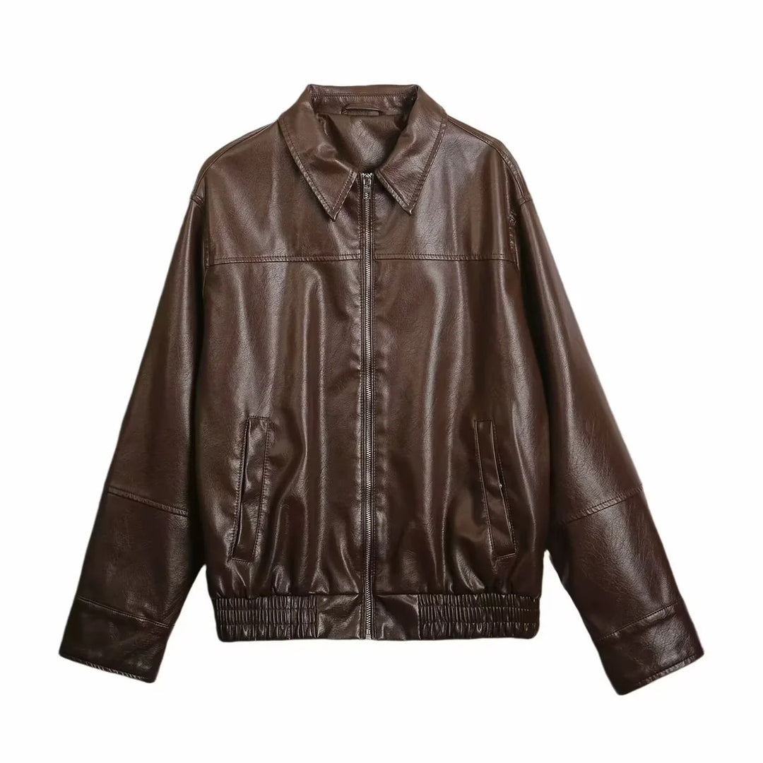 Damen nan oversize Glattlederoptik Blouson mit Hemdkragen, durchgehendem Reißverschluss und elastischem Bund Drune