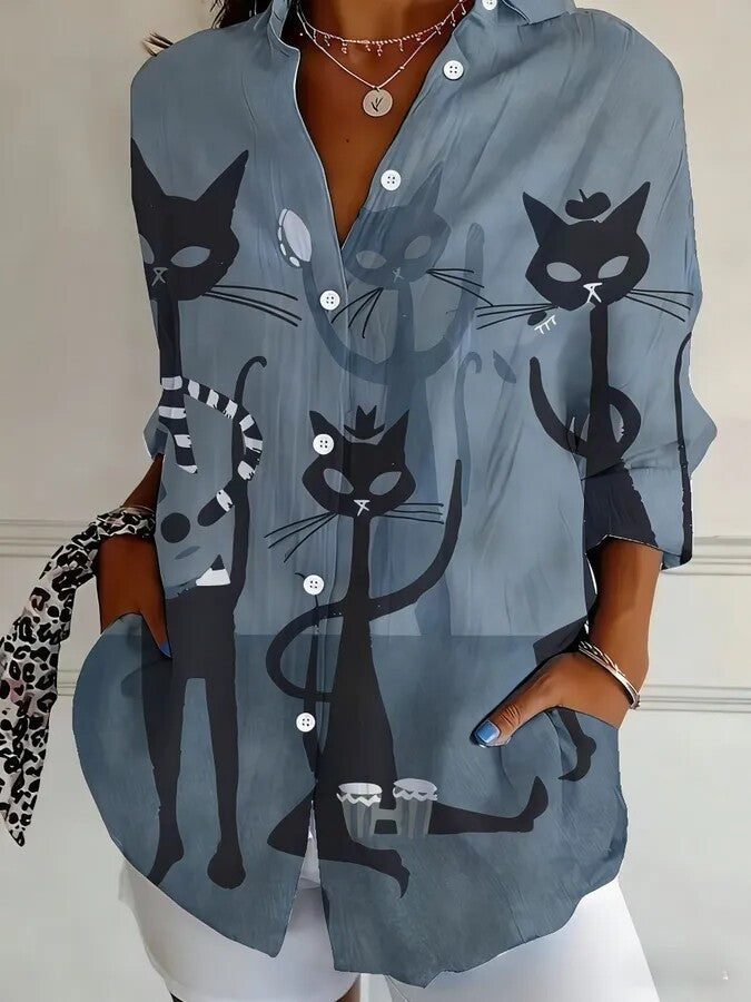 Damen Modische Hemdbluse mit einzigartigem Katzenmotiv Drune
