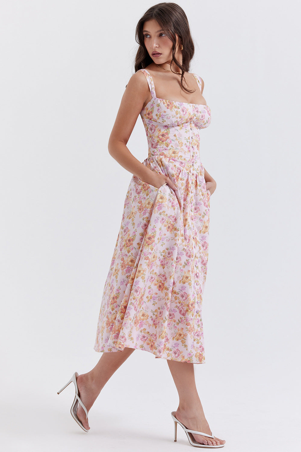Damen Sommerliches Maxikleid mit floralen Einsätzen und tailliertem Oberteil Drune