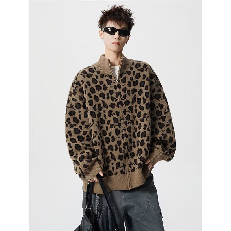 Herren Modische Strickjacke mit Leopardenmuster und hohem Kragen Drune
