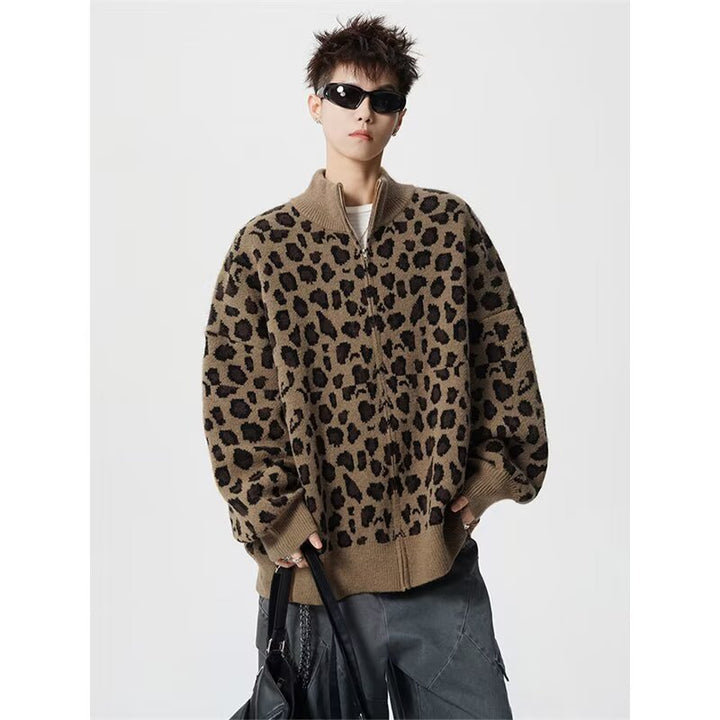 Herren Modische Strickjacke mit Leopardenmuster und hohem Kragen Drune
