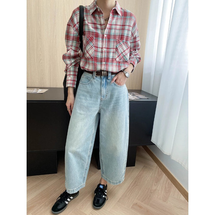 Damen lässige Karo-Hemdbluse mit großen Taschen und bequemer Passform Drune