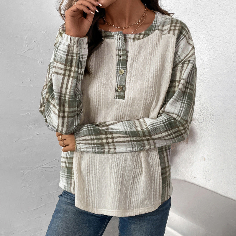 Damen Langärmeliges Strick-Blend-Shirt mit Karo-Ärmeln, Henley-Knopfleiste & Strukturmix Drune