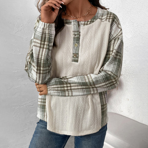 Damen Langärmeliges Strick-Blend-Shirt mit Karo-Ärmeln, Henley-Knopfleiste & Strukturmix Drune