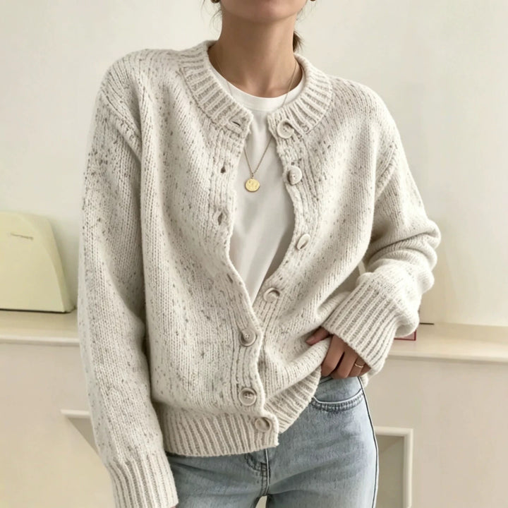 Damen Grobgestrickter Kurzcardigan mit Rundhalsausschnitt und meliertem Tweed-Effekt Drune