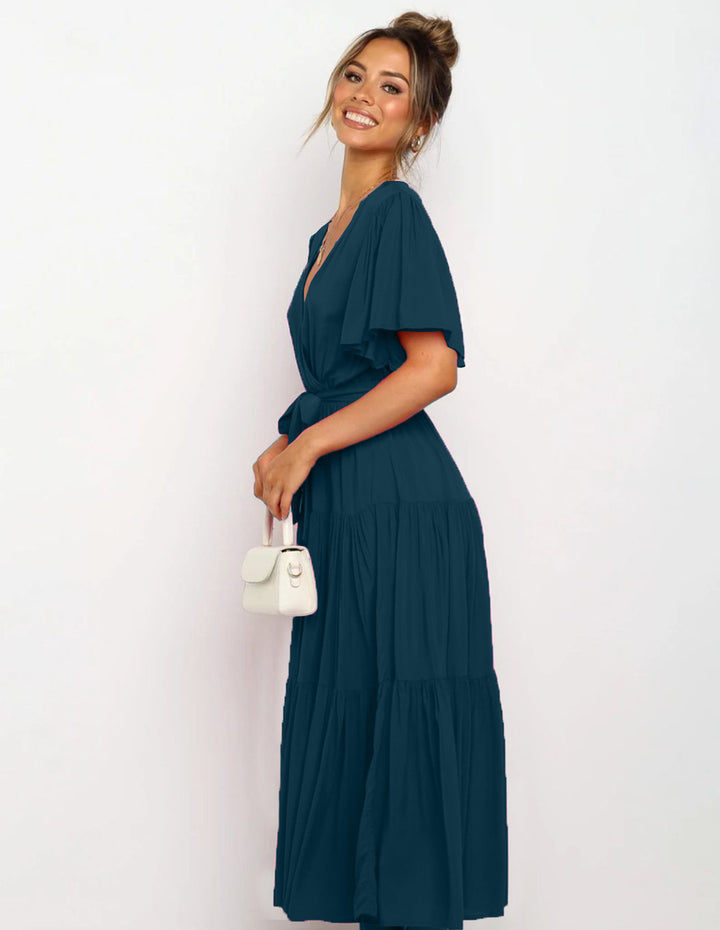 Damen Fließendes Maxi-Kleid mit Wickelbindung und Schmetterlingsärmeln Drune