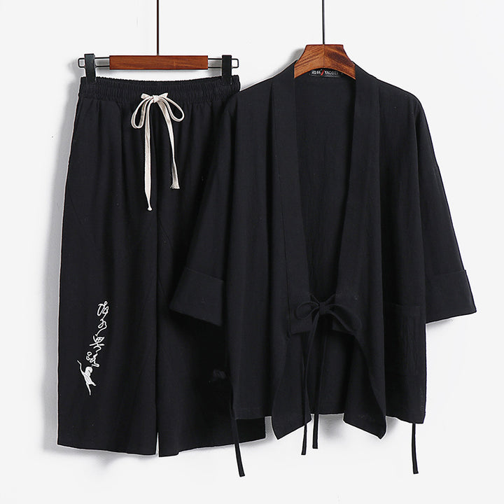 Unisex Leichtes Kimono-Loungewear-Set aus Baumwoll-Leinen mit bestickter Haremshose und Bindegürtel Drune